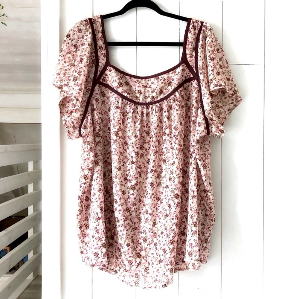 torrid Pink Floral Square-Neck Short Sleeve Blouse